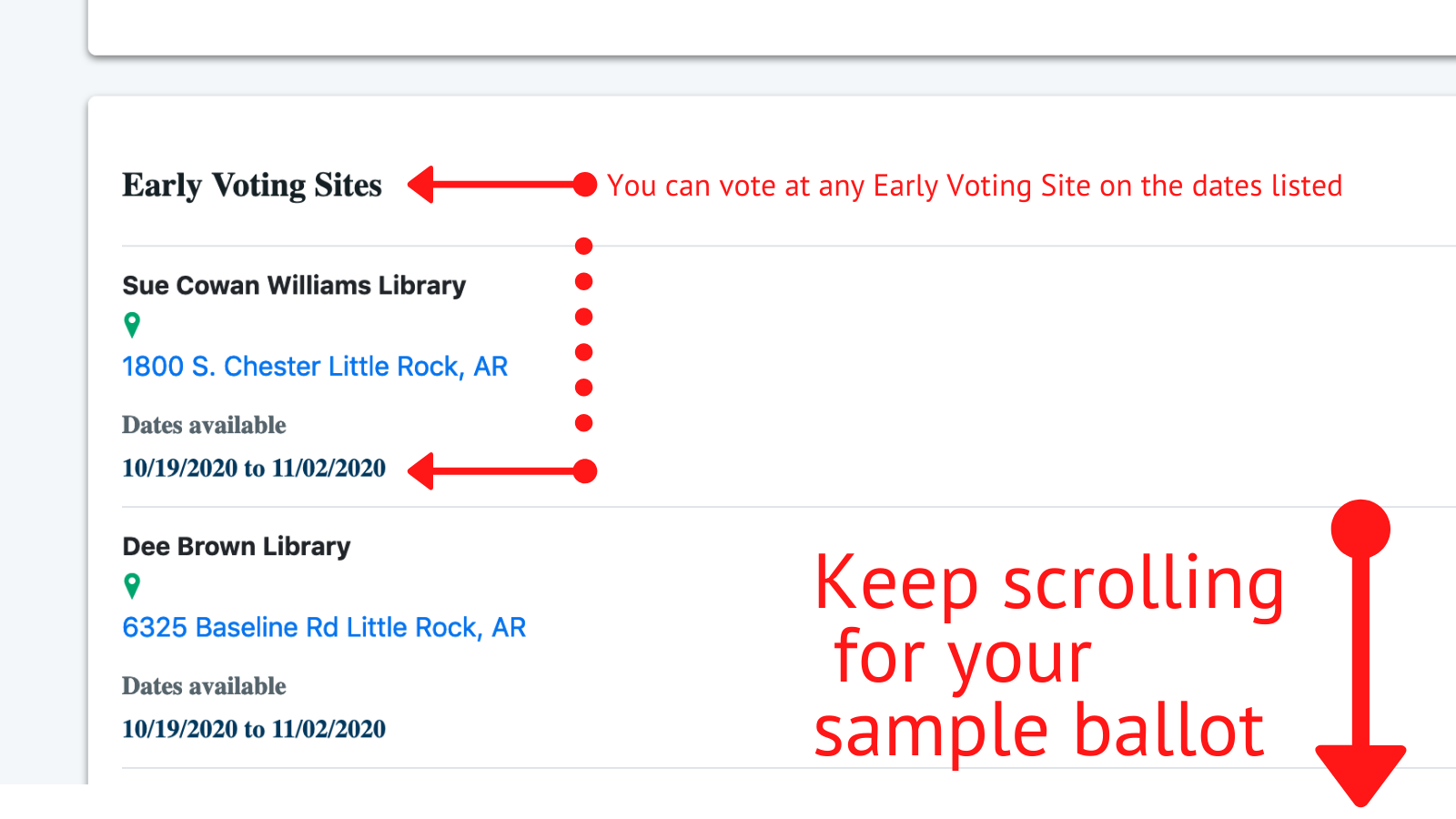 A screenshot of the Arkansas Voter View website, showing a section listing Early Voting Sites.