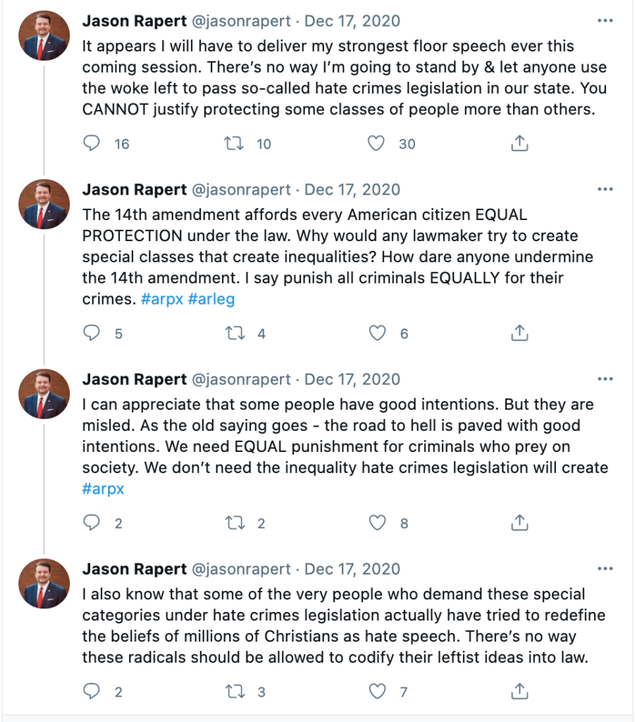 Twitter thread by Sen. Jason Rapert on why he thinks hate crime laws aren't necessary.