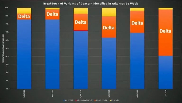 In a media brief, Gov. Asa Hutchinson used this graphic to depict the growth of the Delta Variant in Arkansas. 07/06/21.