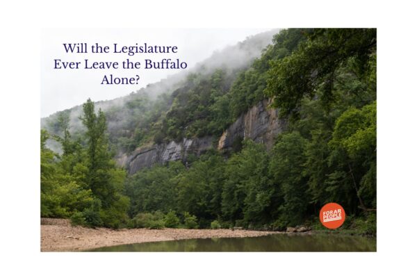 Buffalo National River with the text: "Will the Legislature Ever Leave the Buffalo Alone?"